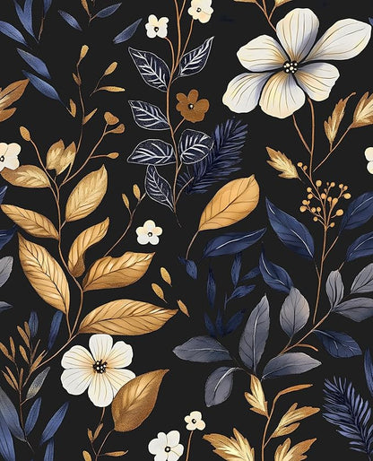 Laatse Blue/Gold Leaf Wallpaper Peel and Stick Vintage Dark Floral Wallpaper Waterproof Self Adhesive Removable Boho Wall Paper Modern for Bedroom Walls Drawer Cabinet 17.5in x393in