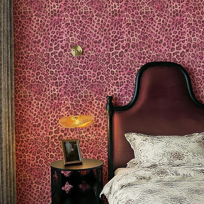 JiffDiff Upgrade Leopard Print Peel and Stick Wallpaper, 17.3" x 800" Waterproof Removable Self Adhesive Wallpaper, Pink Unique Funky Cheetah Contact Paper for Bedroom, Bathroom, Decor