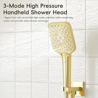 Gabrylly Shower System Gold, Wall Mounted Shower Faucet Set for Bathroom with High Pressure 10" Rain Shower head and 3-Setting Handheld Shower Head Set, 2 Way Shower Valve Kit, Brushed Gold