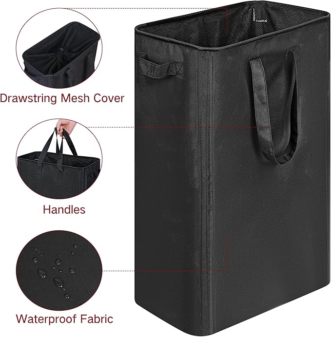 efluky Slim Laundry Basket, Narrow Laundry Hamper with Handles, Collapsible Dirty Clothes Hamper, Tall Laundry Bin for Laundry Room, Dorm and Bedroom, 19.8 Gallon(75L) Black (Pack of 2)