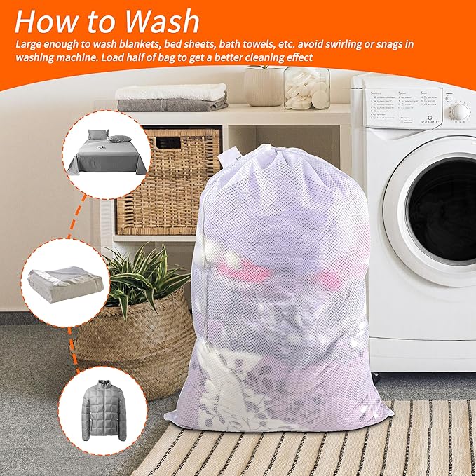 Polecasa 24 x 36 inches Extra Heavy Duty Large Mesh Laundry Bags with Drawstring Closure & ID Tag, Storage Bag for College, Travel, Sports, Dorms, White