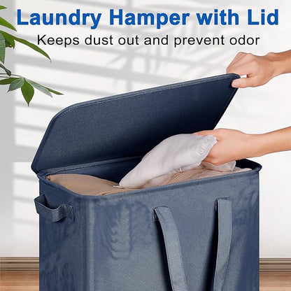 Slim Laundry Hamper with Lid and Wheels, Small Rolling Laundry Basket with Handle for Small Spaces, Tall Dirty Clothes Hampers for Dorm, Bathroom and Bedroom, 75L, Blue