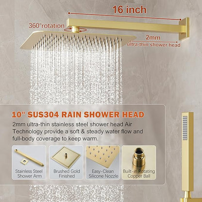 Gold Shower System, Shower Faucet Set with 10-Inch Rain Showerhead and Handheld Spray, Wall Mounted High-Pressure Showerhead Combo Set Included Valve and Trim, Brushed Gold