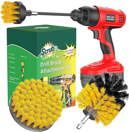SCRUBIT Drill Brush Attachment Set - Power Scrubber Tile and Grout Tool - Use for Kitchen, Shower, Bathtub and Floor Surface - All Purpose Household Cleaning Kit Includes 3 Brushes with A Bit Extender