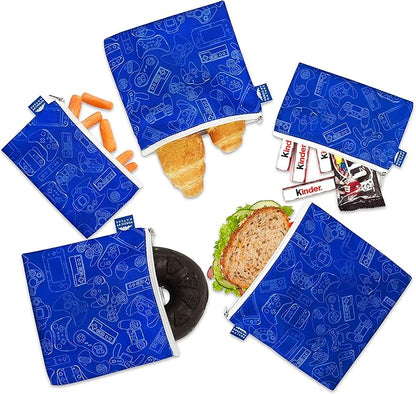 Nordic By Nature Reusable Sandwich Bag Snack Bags - Value Pack of 5 Dual Layer Lunch Baggies - Dishwasher Safe - Eco Friendly Cloth Wraps - Easy Open Zipper (Gamer Blue)