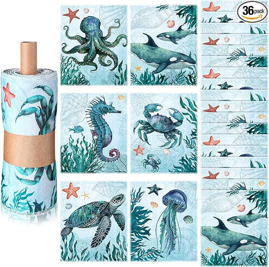 36 Pack Sea Animals Reusable Cleaning Cloths Washable Cotton Kitchen Towels for Home (Blue)