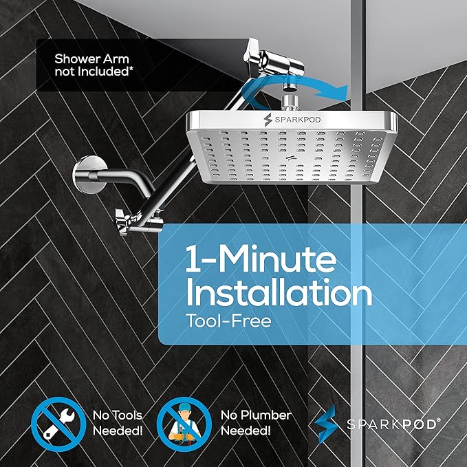 SparkPod Shower Head - High Pressure Rain - Premium Quality Luxury Design - Easy Clean Adjustable Replacement for Your Bathroom Shower Heads (Luxury Polished Chrome, 8 Inch Square)