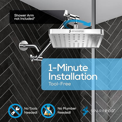 SparkPod Shower Head - High Pressure Rain - Premium Quality Luxury Design - Easy Clean Adjustable Replacement for Your Bathroom Shower Heads (Luxury Polished Chrome, 8 Inch Square)