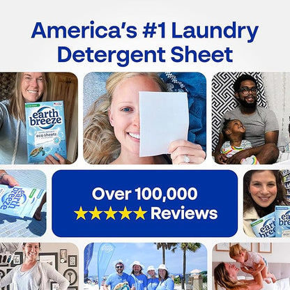 Earth Breeze Laundry Detergent Sheets Fresh Scent - 60 Loads per package. Eco Liquidless Soap - Travel-Friendly for Hot & Cold Cycles, Tackles Tough Stains & Odors - Gentle on Skin, 30 sheets (3 Pack)