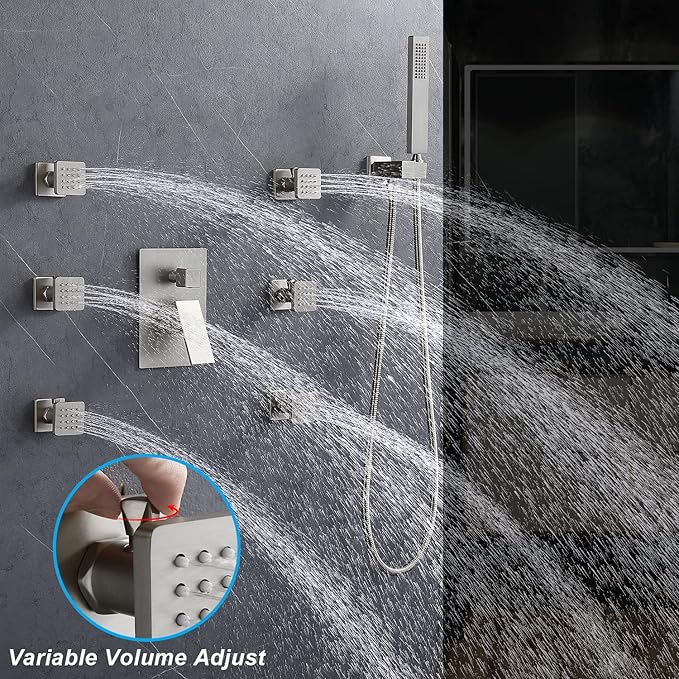 Enga Shower System Body Jets with On-Off Switch, 16 Inch Rain Shower Head System Full Body Spray Massage Shower Set, Multi Head Shower Faucet Combo, Brushed Nickel