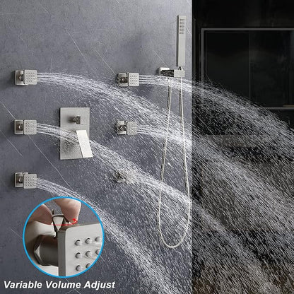 Enga Shower System Body Jets with On-Off Switch, 16 Inch Rain Shower Head System Full Body Spray Massage Shower Set, Multi Head Shower Faucet Combo, Brushed Nickel