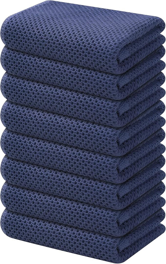 Kitinjoy 100% Cotton Waffle Weave Kitchen Hand Towels (13 x 28 Inches, Navy Blue), 8-Pack Super Soft and Absorbent Dish Towels for Drying Dishes