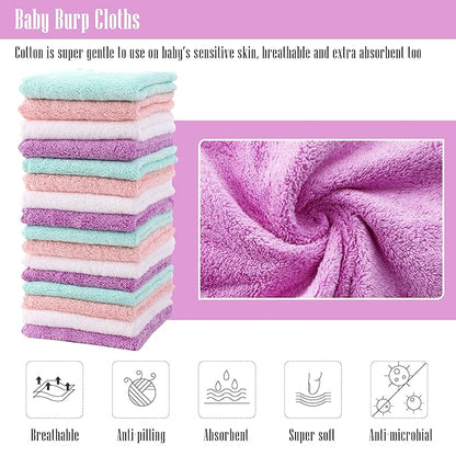 Cute Castle Ultra-Soft Baby Washcloths, 16 Pack - 9" by 9", Gentle on Sensitive Skin for Face and Body, Plush, Super Absorbent Wash Clothes for Girls and Boys, White+Pink+Purple+Frozen Blue