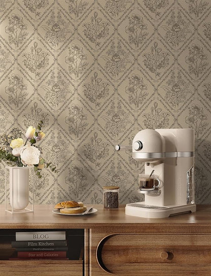 Toduso Peel and Stick Wallpaper Vintage Wall Paper Boho Contact Paper Brown Floral Removable Wallpaper for Bathroom Bedroom Flower Waterproof Self Adhesive Vinyl Drawer Decor 17.3"x196.8"