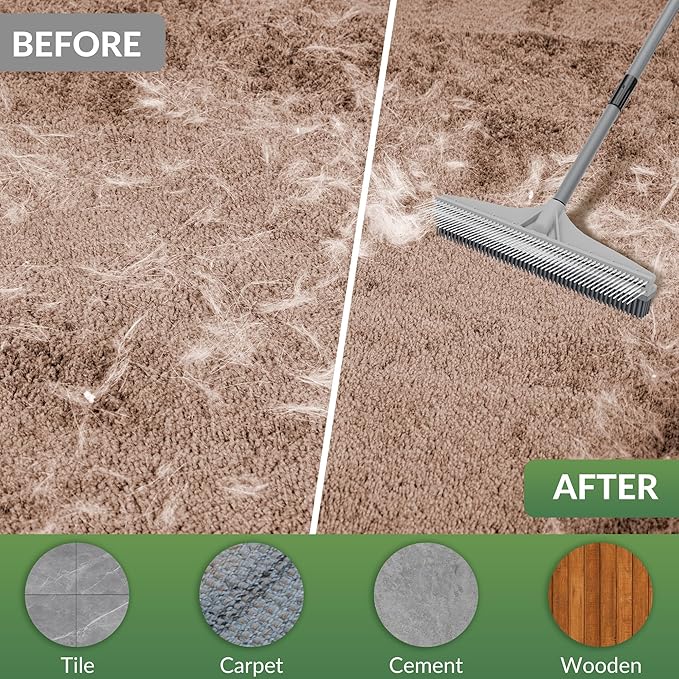Walensee Carpet Rake for Pet Hair Removal, 2 in 1 Rug Rake to Fluff Carpet with Nylon Groomer Brush, Adjustable Long Handle for Shag Rugs, Stairs, Mats and Floors, Rubber Broom