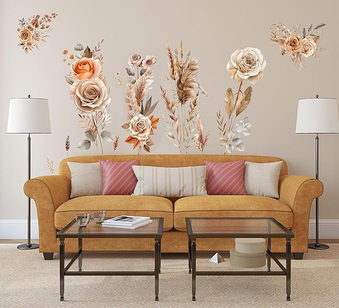 Boho Flower Wall Stickers Wildflower Floral Grass Peel and Stick Wall Stickers Living Room Bedroom Nursery Wall Decor (Orange)