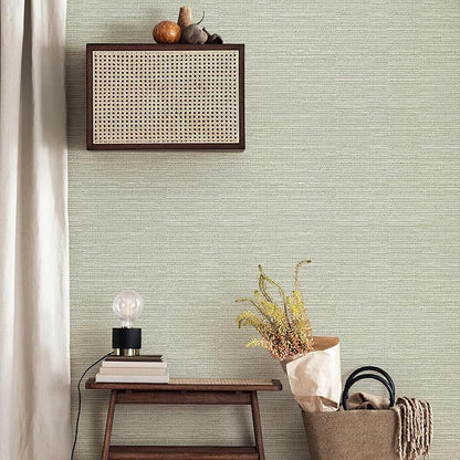 Simon&Siff Green Textured Grasscloth Peel and Stick Wallpaper 17.7"x118" Neutral Faux Grassweave Wallpaper Waterproof Self Adhesive Removable Wallpaper Mural for Home Decor Bedroom Kitchen Cabinet