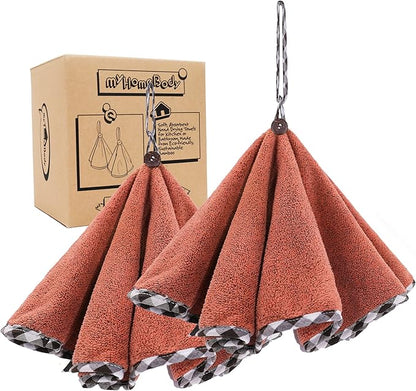 myHomeBody Hand Towels with Hanging Loops, Absorbent Charcoal Fiber Cleaning Clothes with Coconut Shell Button for Kitchen, Round Shape, Set of 2, Brick Red