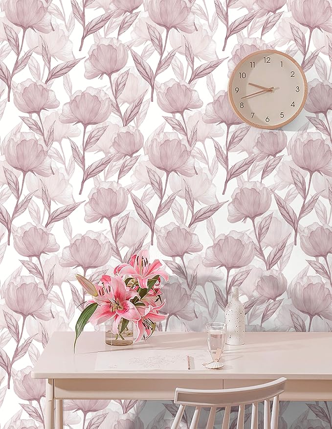 Heroad Peel and Stick Wallpaper Pink Contact Paper Modern Boho Floral Wall Paper for Cabinets Waterproof Removable Wallpaper Self Adhesive for Bathroom Vinyl Roll 17.3"x393"