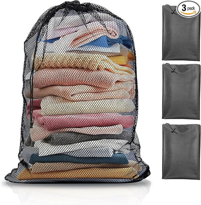 3 Pack Mesh Laundry Bag - Large 24" x 35" Machine Washable with Secure Drawstring Closure - Perfect for College Dorms, Laundromats, Apartments (Black)