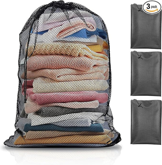 3 Pack Mesh Laundry Bag - Large 24" x 35" Machine Washable with Secure Drawstring Closure - Perfect for College Dorms, Laundromats, Apartments (Black)