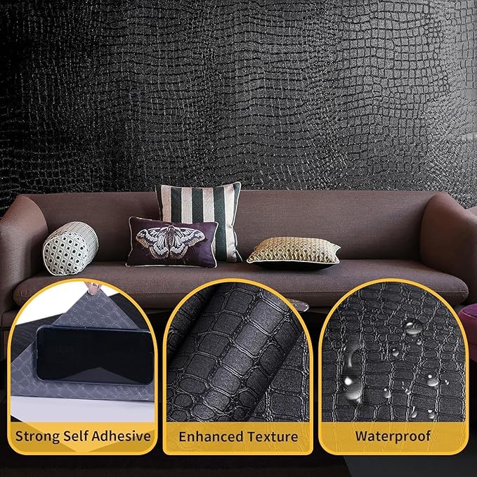 Black Peel and Stick Wallpaper, 15.7" X 787" Crocodile Embossed Easy Peel Off Wallpaper Self Adhesive Removable Contact Paper Textured for Cabinet, Bedroom