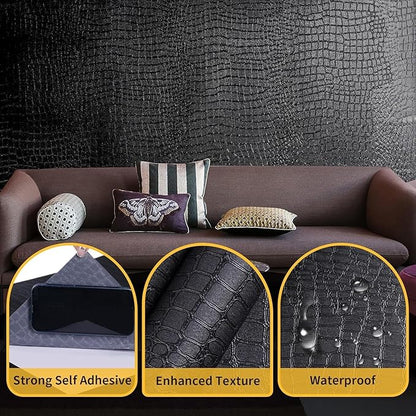 Black Peel and Stick Wallpaper, 15.7" X 590", Embossed Crocodile Wallpaper, Easy Peel Off, Self-Adhesive, Removable Contact Paper, Textured for Cabinet, Bedroom