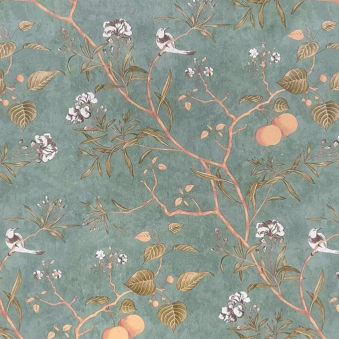 Laatse Green Floral Wallpaper Peel and Stick Bird Wallpaper 17.5" x 78.7" Vintage Floral Contact Paper Waterproof Vinyl Self Adhesive Modern Wall Paper Wall Covering for Bedroom Walls Cabinet Locker