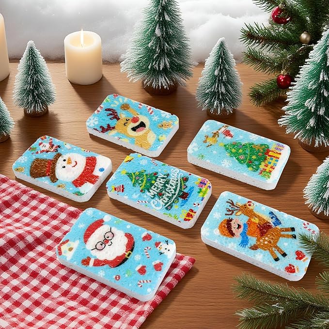 Christmas Theme Kitchen Sponge (12Pack) - Wood Pulp & Coconut Scrubber Sponges, High-Absorption Dishwashing Sponge with Festive Designs, Strong Cleaning for Dishes, Household Cleaning