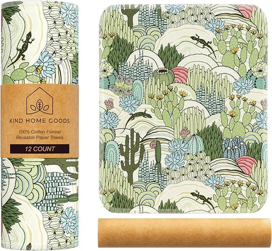 Reusable Paper Towels (12"x10”) - Soft Absorbent 100% Cloth Paper Towels- Washable Paper Towels Rolls w/Cardboard Roll - Napkins Washable - Dish Cloths (Cactus, 12x10inch)