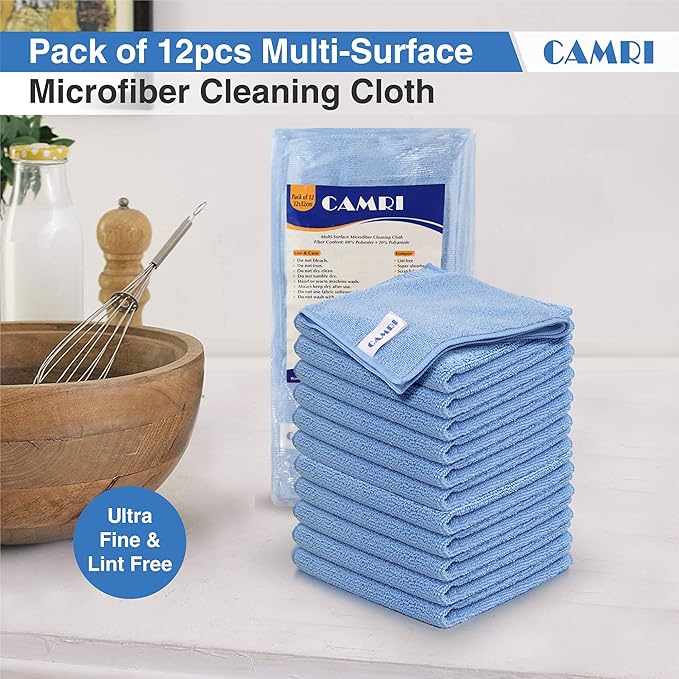 CAMRI Microfiber Towel Cleaning Cloth – Pack of 12, Size 12.6” x 12.6”, Blue, Lint Free, Super Absorbent, Streak Free, Washable, Multipurpose Cleaning Rags for Kitchen, Glass, Car, Mirror