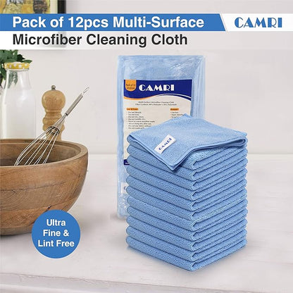 CAMRI Microfiber Towel Cleaning Cloth – Pack of 12, Size 12.6” x 12.6”, Blue, Lint Free, Super Absorbent, Streak Free, Washable, Multipurpose Cleaning Rags for Kitchen, Glass, Car, Mirror