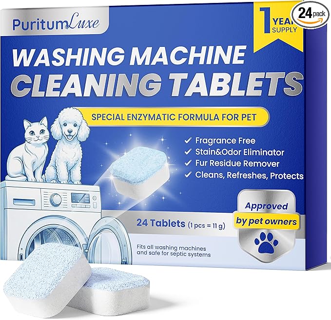 Washing Machine Cleaning Tablets – Washing Machine Cleaner Tablets Remove Pet Odor, Fur, and Dirt Buildup – Deodorizing for HE, Front, Top Load Types – Safe for Septic Systems – 24 pcs
