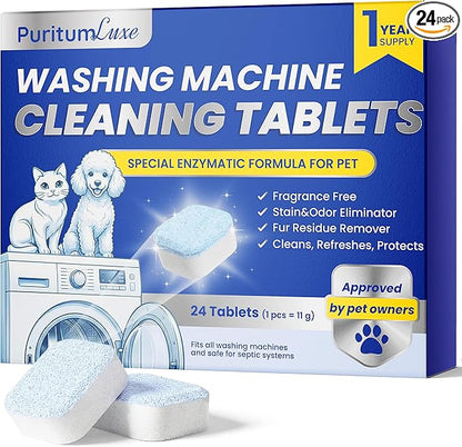 Washing Machine Cleaning Tablets – Washing Machine Cleaner Tablets Remove Pet Odor, Fur, and Dirt Buildup – Deodorizing for HE, Front, Top Load Types – Safe for Septic Systems – 24 pcs