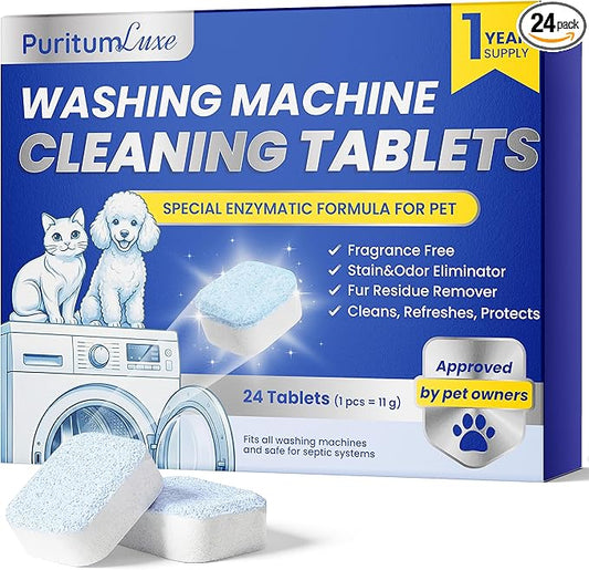 Washing Machine Cleaning Tablets – Washing Machine Cleaner Tablets Remove Pet Odor, Fur, and Dirt Buildup – Deodorizing for HE, Front, Top Load Types – Safe for Septic Systems – 24 pcs
