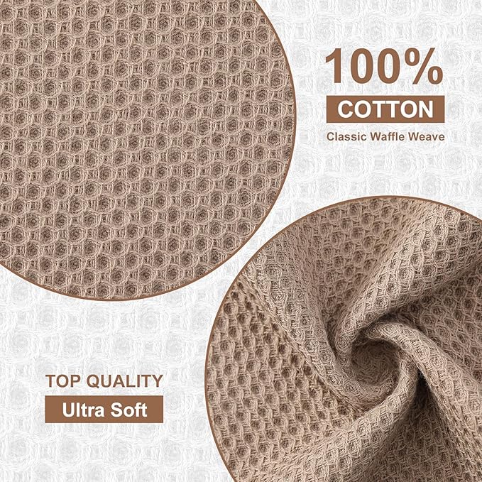 Kitinjoy 100% Cotton Kitchen Dish Cloths (12 X 12 Inches, Tan), 8 Pack Waffle Weave Ultra Soft Absorbent Dish Towels for Drying Dishes Quick Drying Kitchen Towels Dish Rags