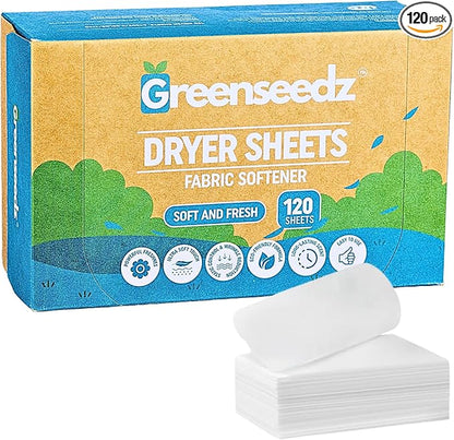 Greenseedz Dryer Sheets, 120 Count, Softens, Reduces Static & Freshens Laundry, Plastic-Free, Works with All Fabrics