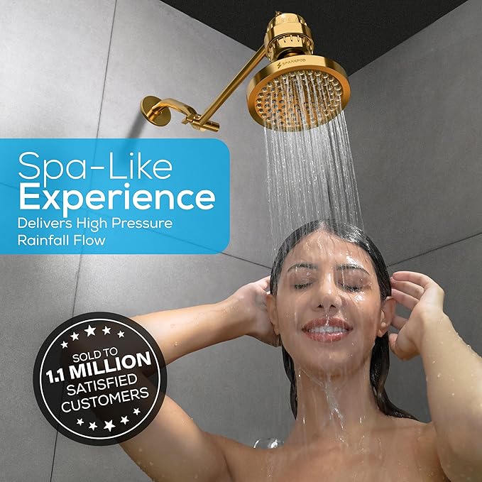 SparkPod Shower Head - High Pressure Rain - Premium Quality Luxury Design - Easy Clean Adjustable Replacement for Your Bathroom Shower Heads (Egyptian Gold, 6 Inch Round)