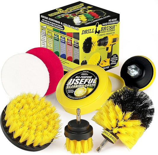 Drill Brush Attachment Multipurpose House Cleaning Supplies Set: Nylon Toilet Brush Kit, Lemon Lime Scented Cleaning Paste, Scrub Pads - Bathroom & Kitchen Tile Grout Cleaner - Household Essentials