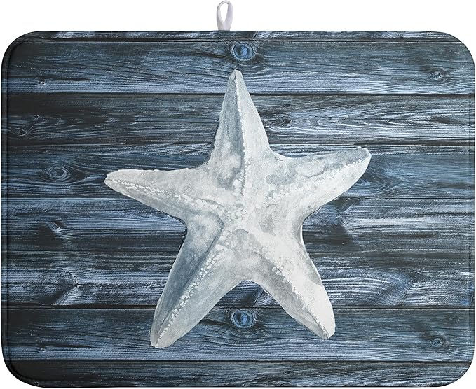Summer Starfish Dish Drying Mat for Kitchen Counter Navy Blue Microfiber Absorbent Dish Drainer Rack Mats Coastal Ocean Themed Kitchen Sink Dishes Pad 18 X 24 Inch