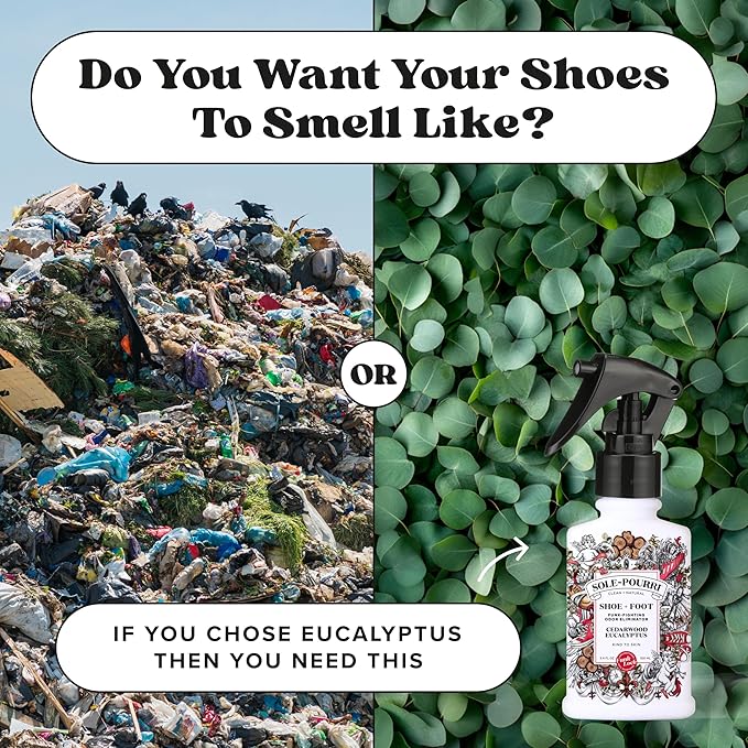Sole-Pourri Shoe Deodorizer + Foot Spray, 3.4 Fl Oz, Up to 150 Uses, Funk-Fighting Odor Freshener with Essential Oils, for Smelly Shoes, Feet & Gym Bags, Cedarwood & Eucalyptus Scent