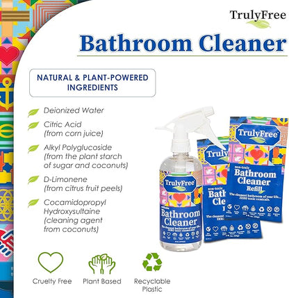Truly Free All Natural Non-Toxic Bathroom Cleaner Spray, Organic Bath & Tile Cleaning Solution for Toilet, Sink, Tub & Shower, Refillable 2-Pack with 16oz Bottle + 2 Refill Pouches
