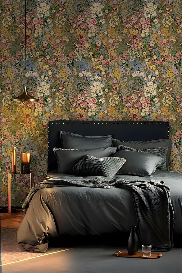 Floral Wallpaper Peel and Stick Boho Wall Paper Removable Waterproof Green Petal Pattern Contact Paper for Bedroom, Bathroom, Home Wall 17.3" x 236.3"