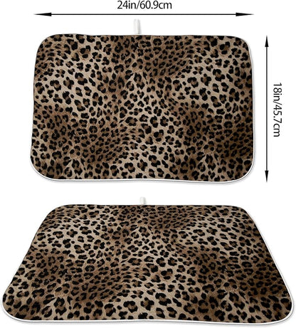 Brown Leopard Print Dish Drying Mats 18x24 Inches for Kitchen Counter Animal Print Skin Cheetah Kitchen Decorations Drying Mats Seasonal Outdoor Mat Drying Pad for Office Dining Room Decor
