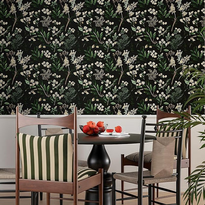 Laatse Dark Floral Wallpaper Peel and Stick Green Leaf Wallpaper Vintage Flowers Contact Paper Waterproof Self Adhesive Boho Delicate Wall Paper for Cabinet Kitchen Walls Locker 17.5in x9.8ft