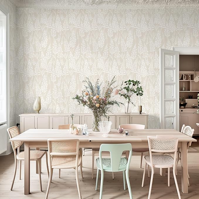 Ismoon Floral Peel and Stick Wallpaper Boho Beige Contact Paper 17.3''x78.7'' Neutral Wallpaper Renter Friendly Removable Self-Adhesive Wall Paper for Bedroom Kitchen Wall Decor Vinyl