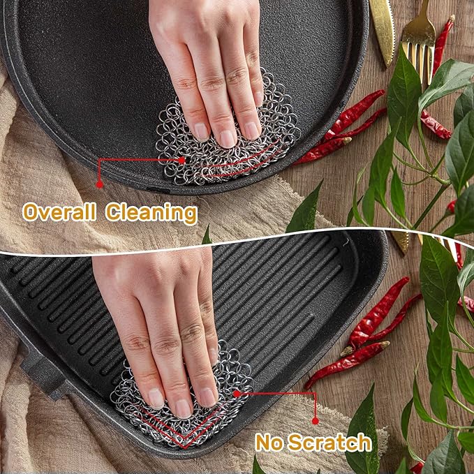 Cast Iron Scrubber, Kitchen Cleaning Set Including Honeycomb Non-Slip Silicone Pot Handle Holder, 2 Pan Grill Griddle Scrapers, Bamboo Handle Brush, 316 Stainless Steel Chainmail for Easy Clean