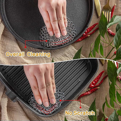Cast Iron Scrubber, Kitchen Cleaning Set Including Honeycomb Non-Slip Silicone Pot Handle Holder, 2 Pan Grill Griddle Scrapers, Bamboo Handle Brush, 316 Stainless Steel Chainmail for Easy Clean