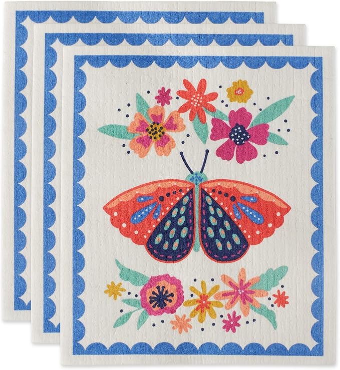 DII Swedish Dishcloths for Kitchen & Cleaning, Reusable, Machine Washable & Dishwasher Safe, Biodegradable, 7.75 x 6.75, Butterfly Folk, 3 Piece