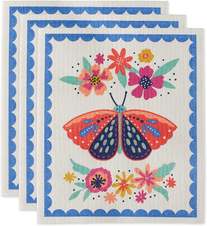 DII Swedish Dishcloths for Kitchen & Cleaning, Reusable, Machine Washable & Dishwasher Safe, Biodegradable, 7.75 x 6.75, Butterfly Folk, 3 Piece